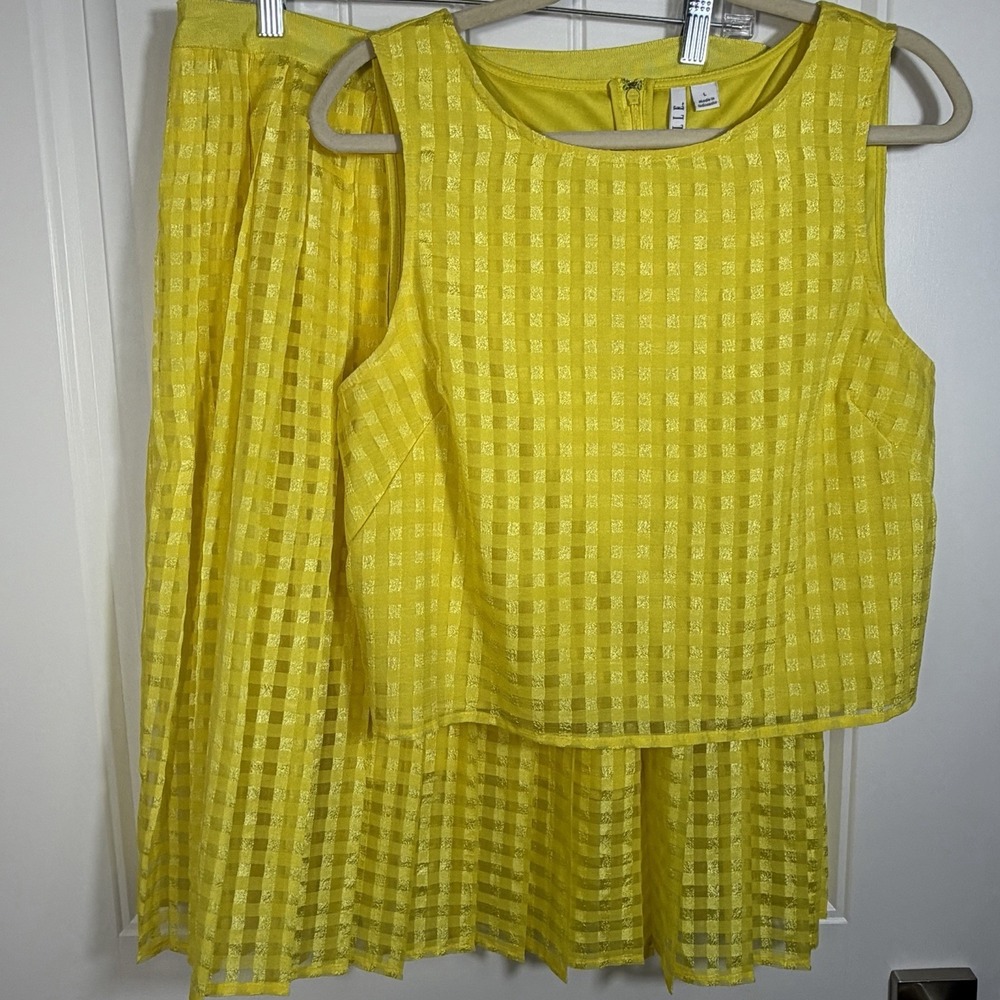 ELLE Yellow Gingham 2 Piece Skirt Set Sleeveless Crop Top Midi Skirt Women's Lg